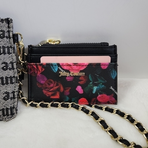 Juicy Culture Black Beige Floral Wristlet Credit Card Key Chain 2 Piece Set NWT - Picture 9 of 14
